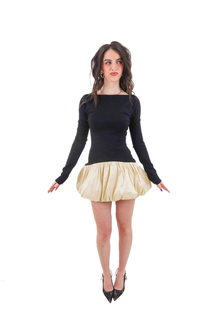 majorelle black wide neck long sleeve bubble dress (s; retail $198))
