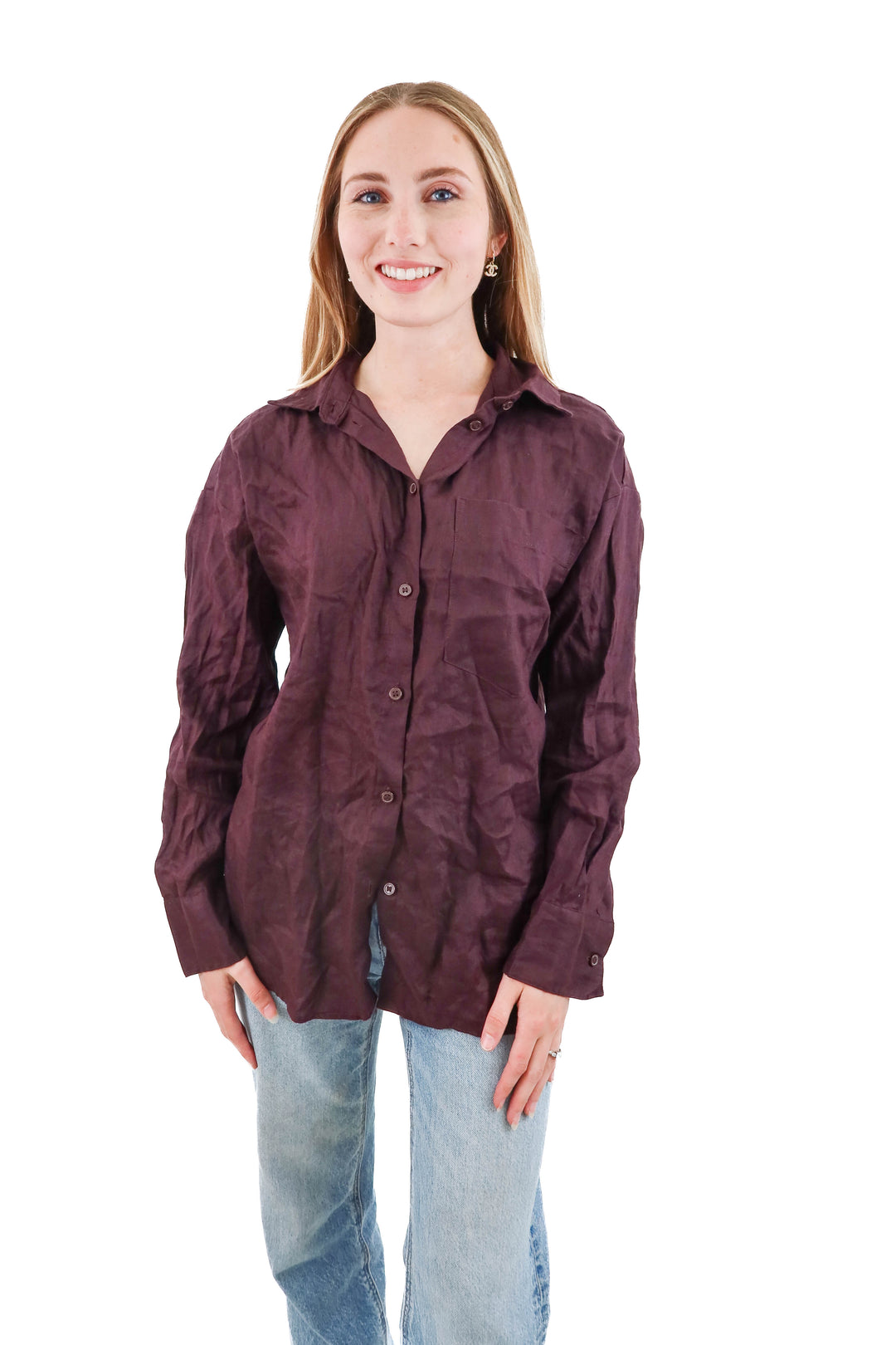 h&m deep plum linen button down (xs)