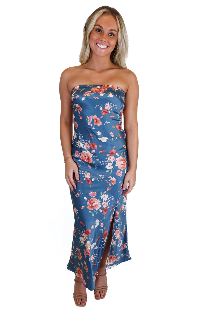 Altar'd State Dusty Blue Floral Satin Maxi Dress NWT (S)