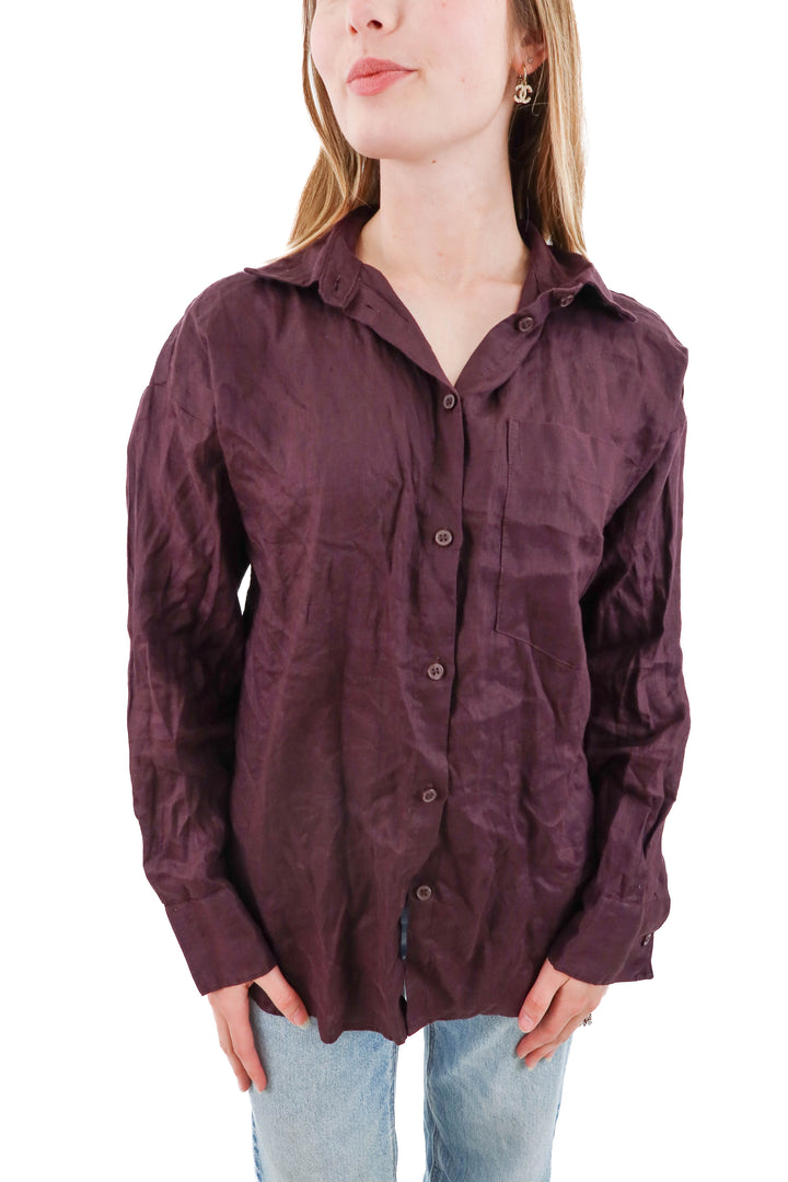 h&m deep plum linen button down (xs)