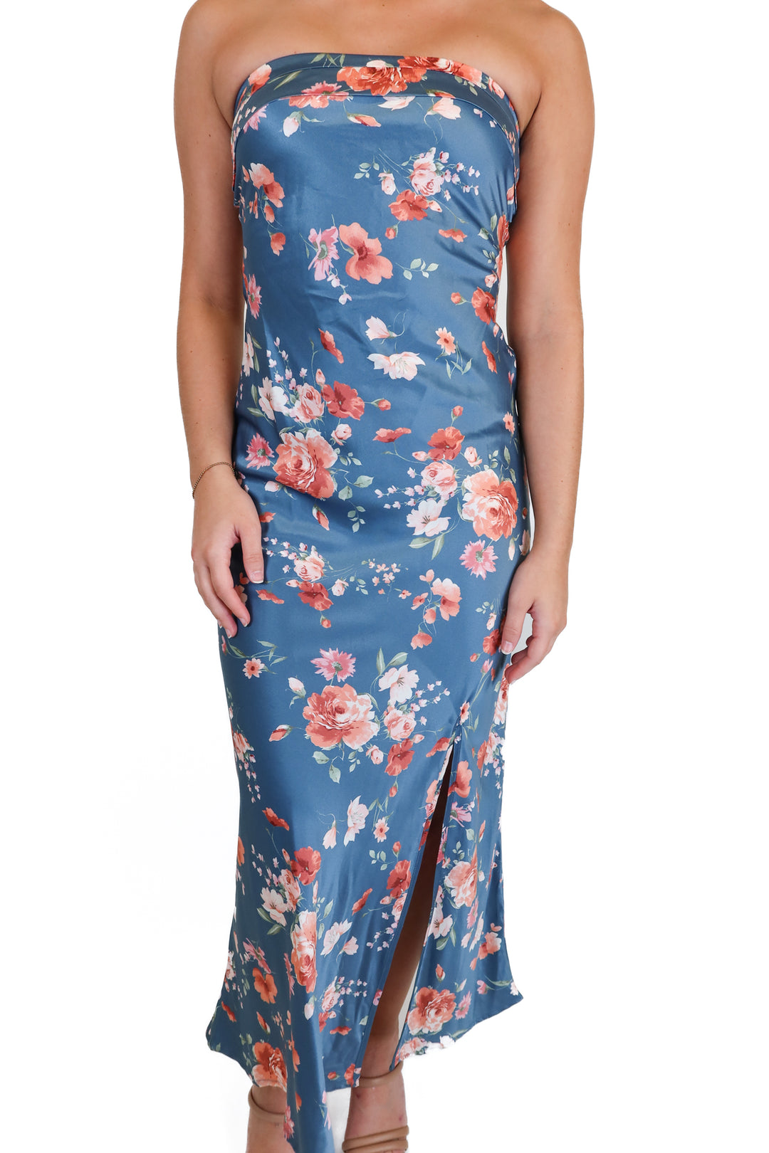Altar'd State Dusty Blue Floral Satin Maxi Dress NWT (S)