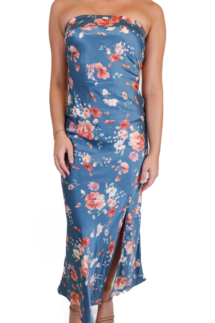 Altar'd State Dusty Blue Floral Satin Maxi Dress NWT (S)