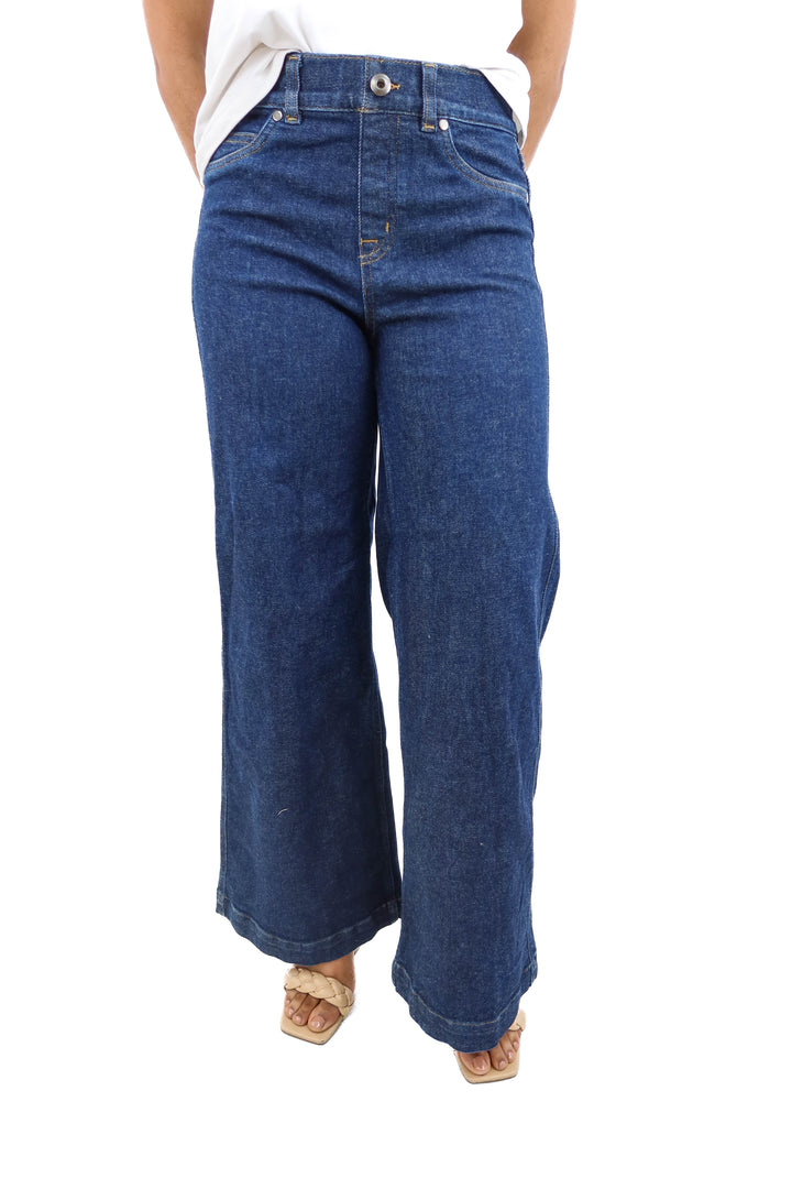 spanx dark wash flare denim (s; retail $168)
