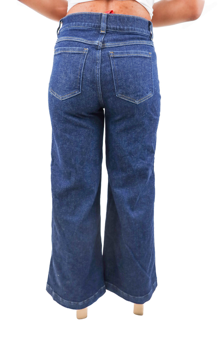 spanx dark wash flare denim (s; retail $168)