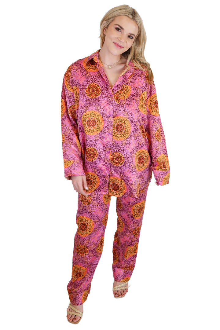 Nasty Gal Pink Printed Silky Shirt and Pant Set (2)
