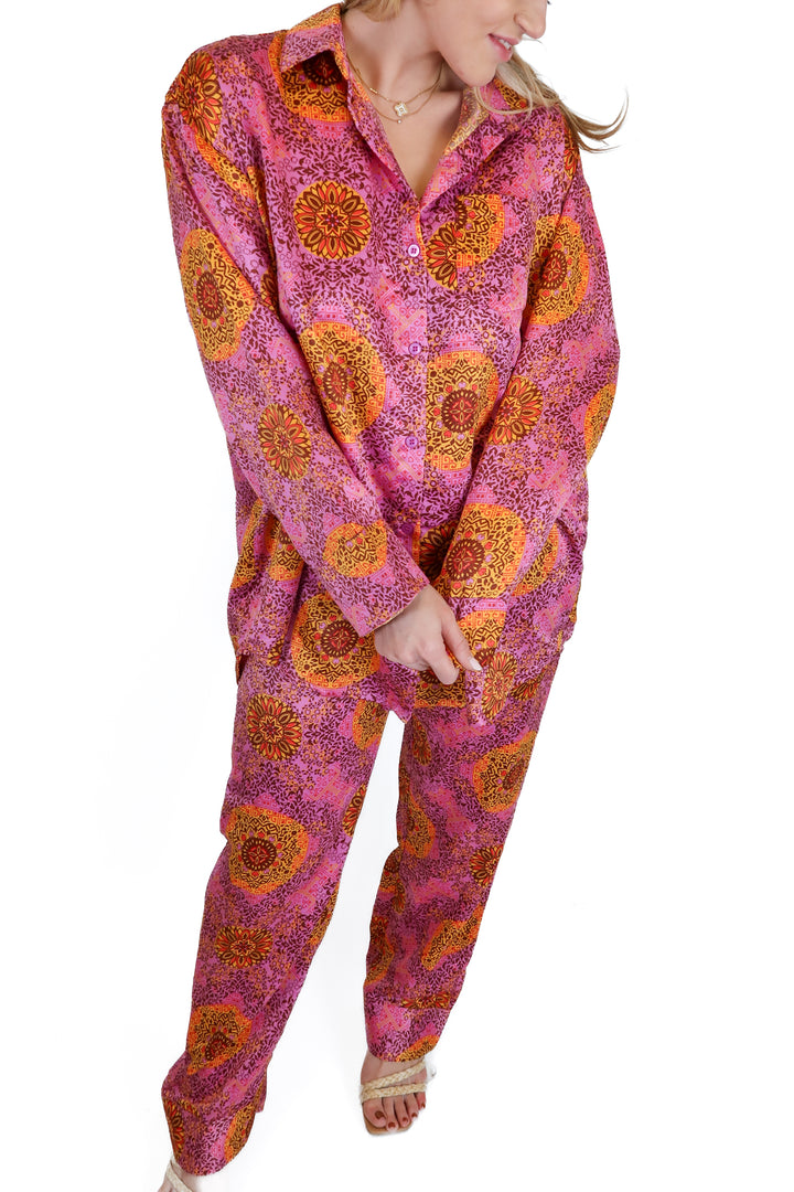 Nasty Gal Pink Printed Silky Shirt and Pant Set (2)