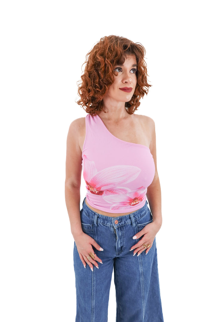 blue blush one shoulder floral mesh top (s)