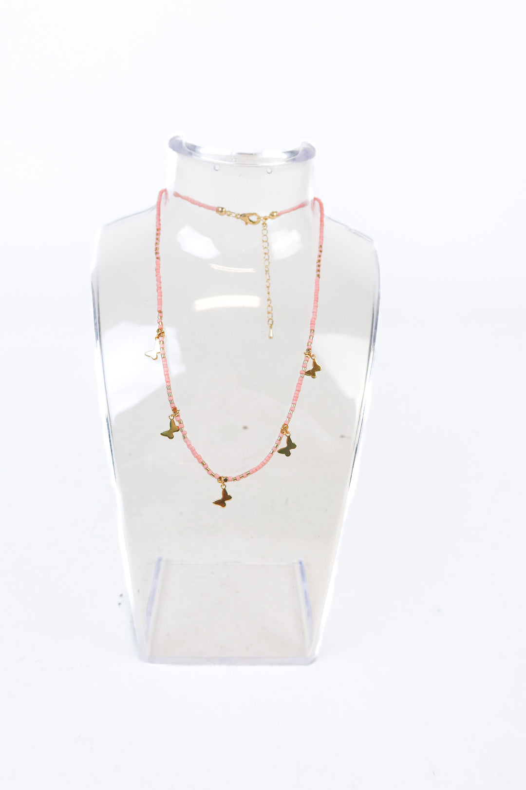 Pink Beaded/Gold Butterfly Short Necklace