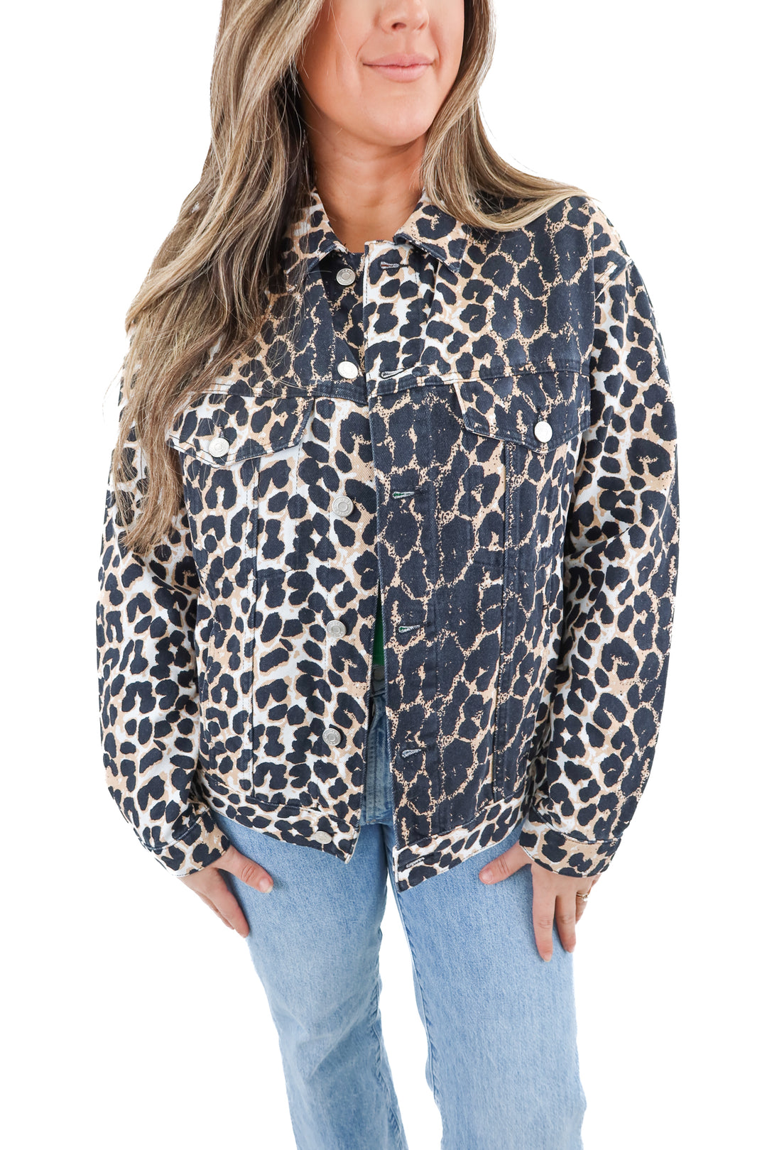 asos design denim leopard jacket (m)