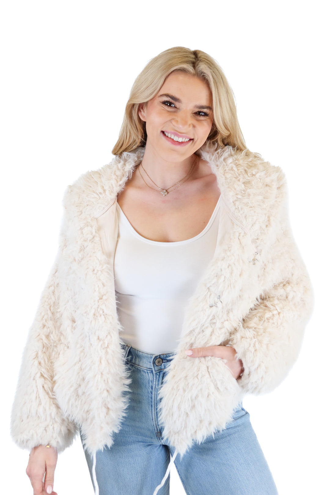 Vici Cream Hooded Faux Fur Jacket (S)