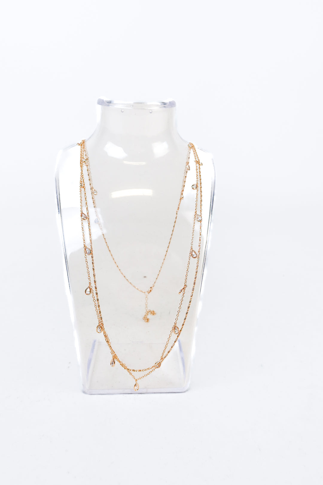 Gold/Crystal Teardrop Double Strand Long Necklace