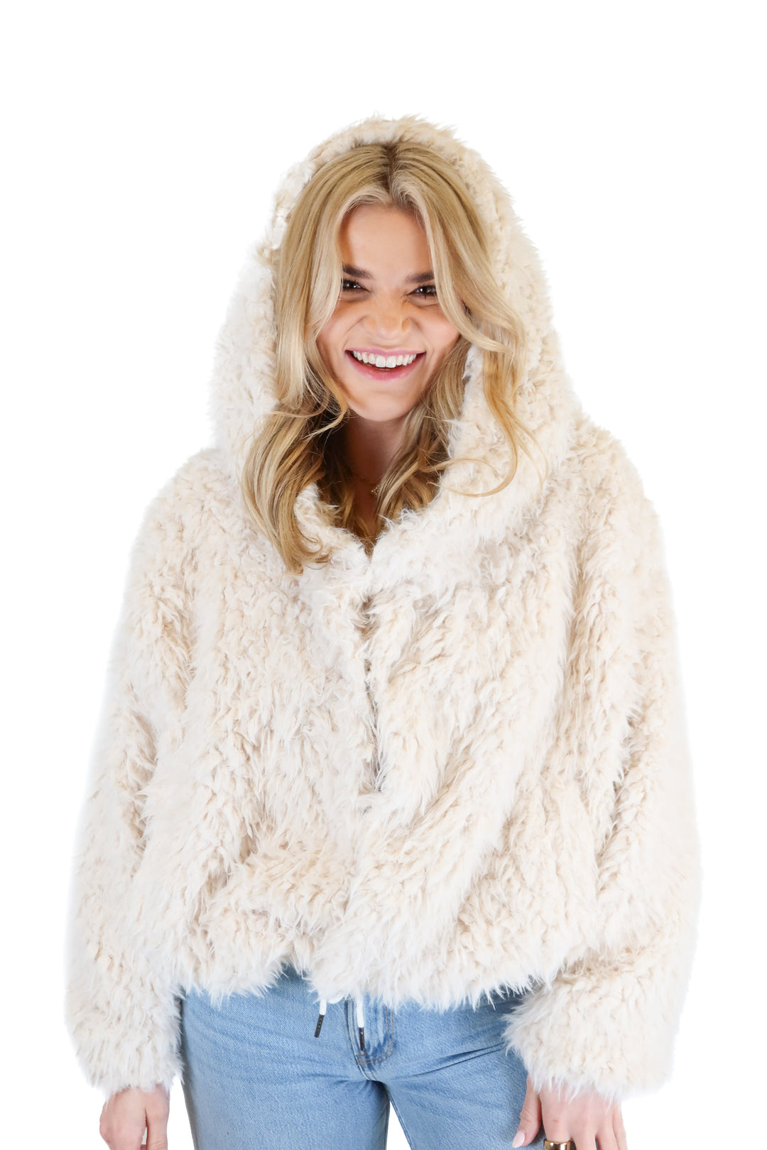 Vici Cream Hooded Faux Fur Jacket (S)