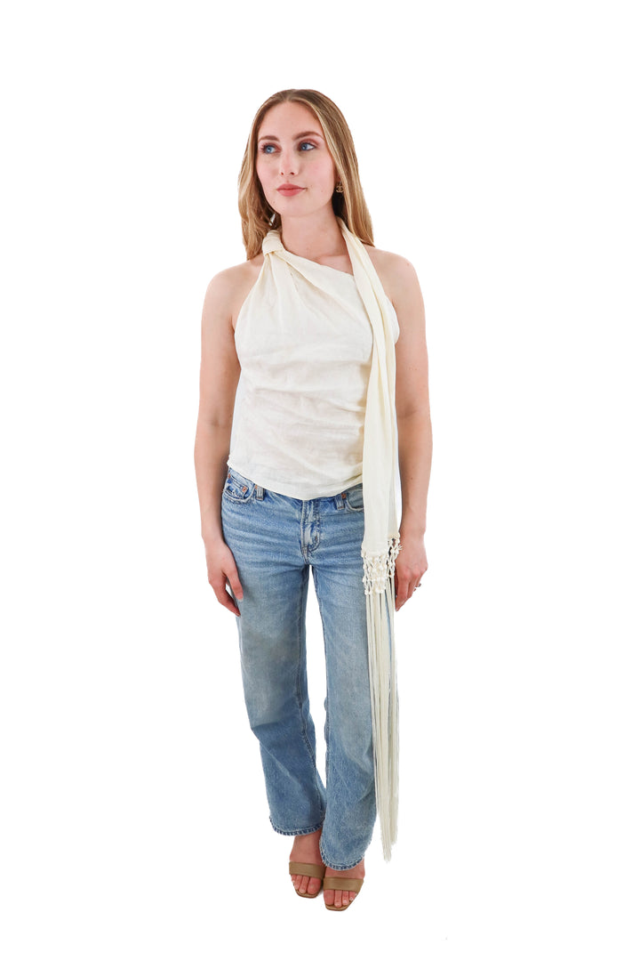 zara ivory one shoulder fringe top (xs)