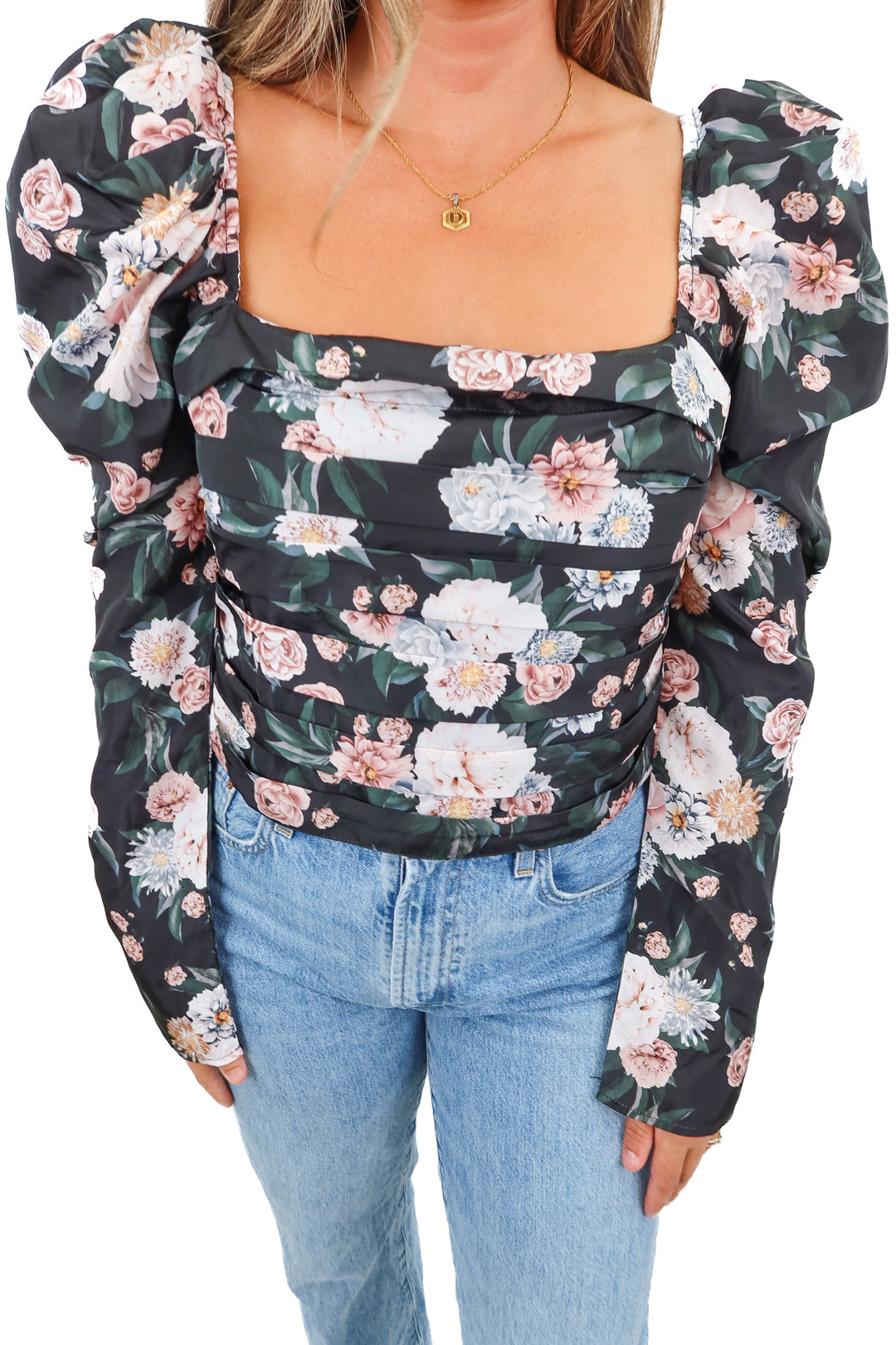 buddy love black floral ruched top (L)