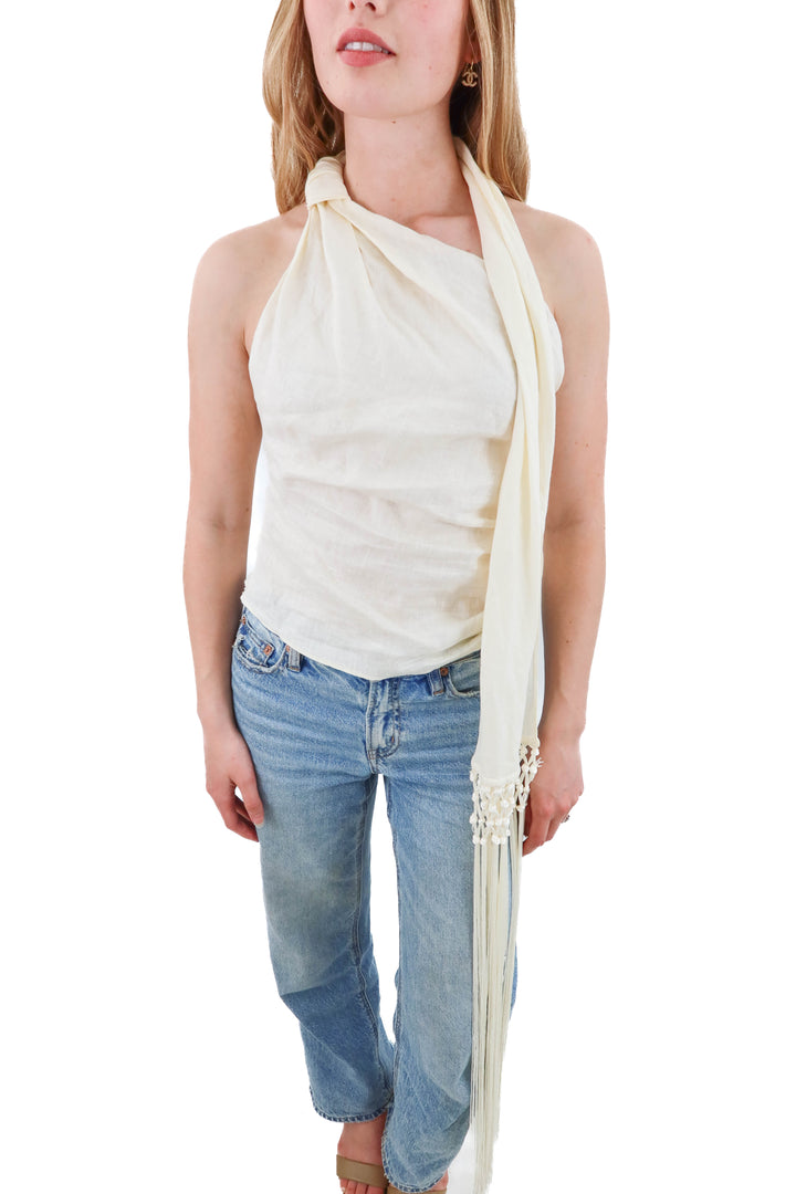 zara ivory one shoulder fringe top (xs)