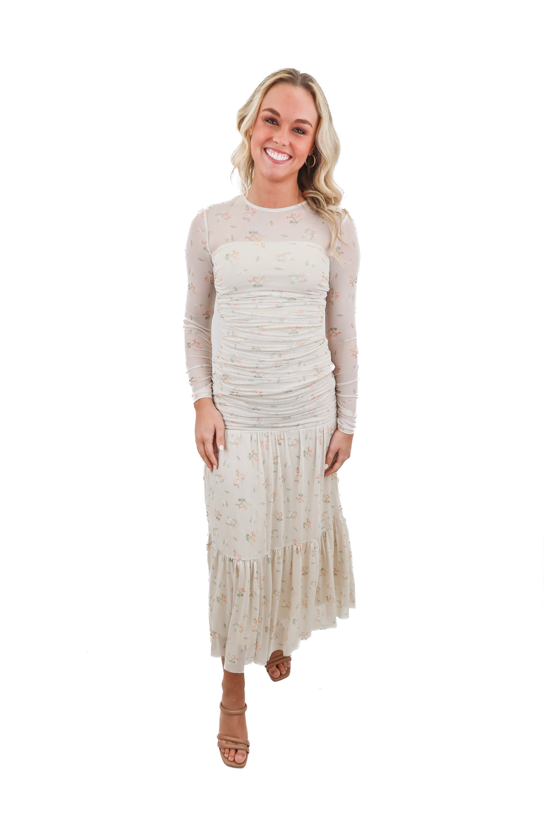 worth collective nude mesh floral ruched dress NWT (xs; retail $118)
