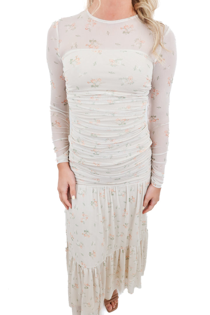 worth collective nude mesh floral ruched dress NWT (xs; retail $118)