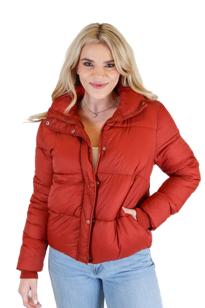 Deluc Dark Rust High Neck Puffer Jacket (S; retail $139)