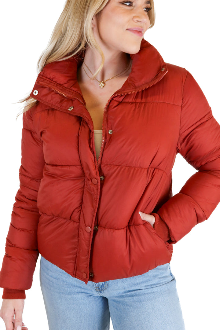 Deluc Dark Rust High Neck Puffer Jacket (S; retail $139)