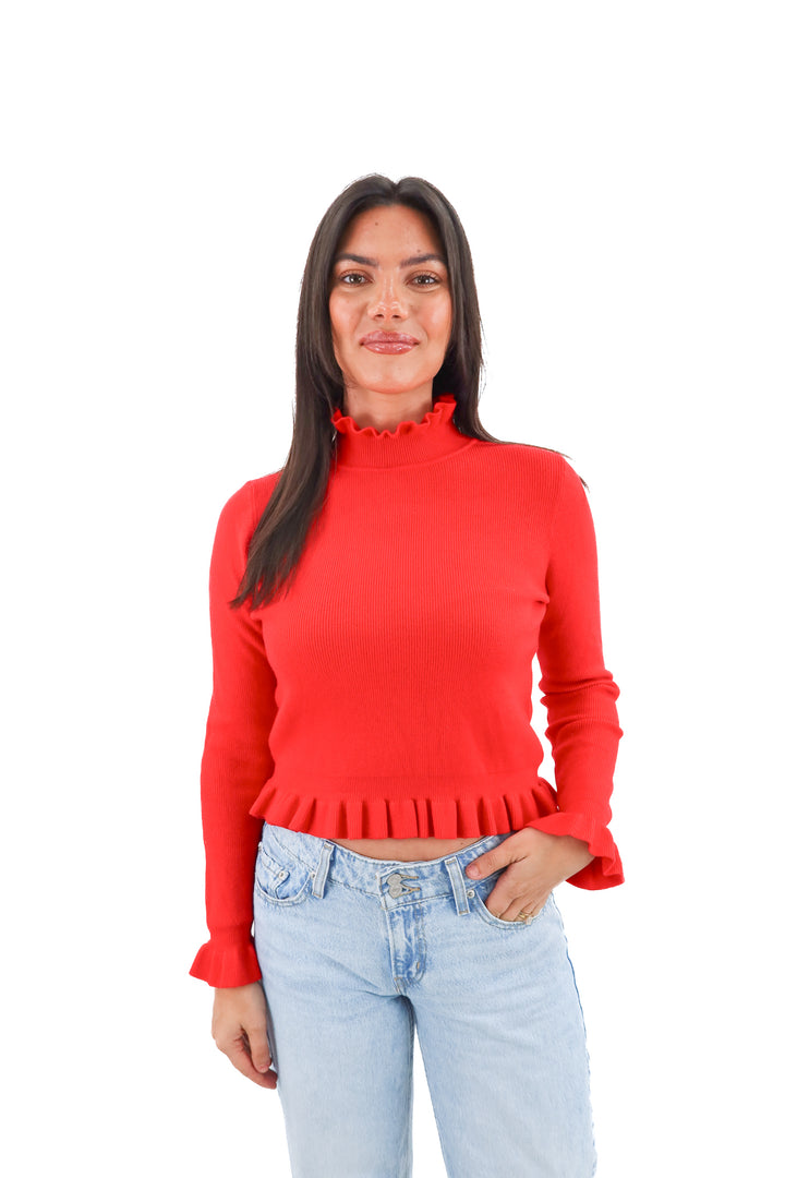patrizia luca red ribbed ruffle top nwt (s)