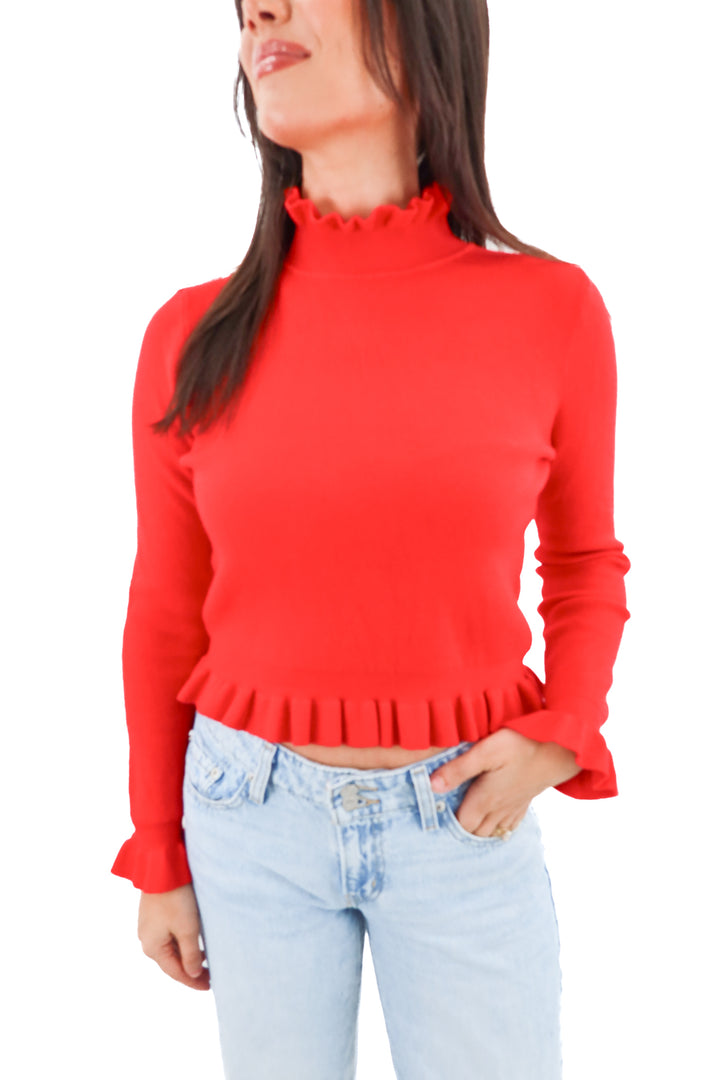 patrizia luca red ribbed ruffle top nwt (s)