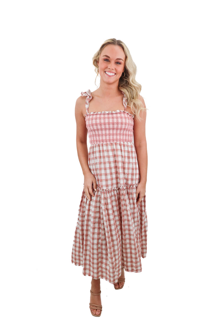 pink lily pink plaid maxi dress (xs)