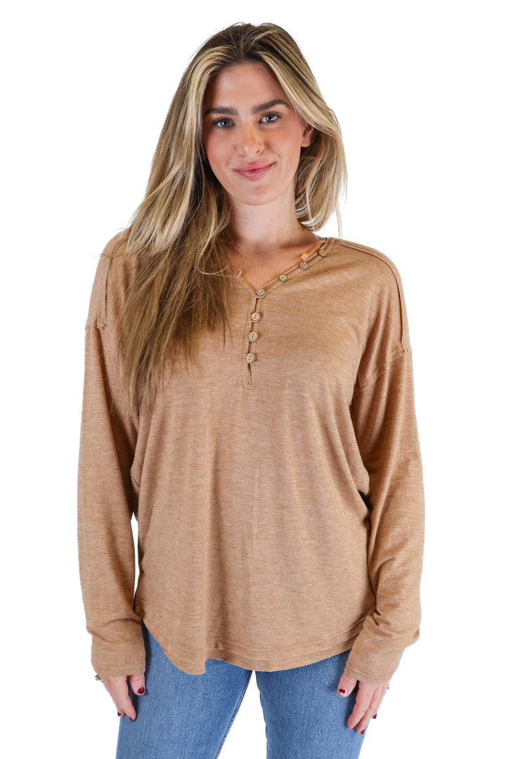 New In Brown V-neck Henley Top (M)