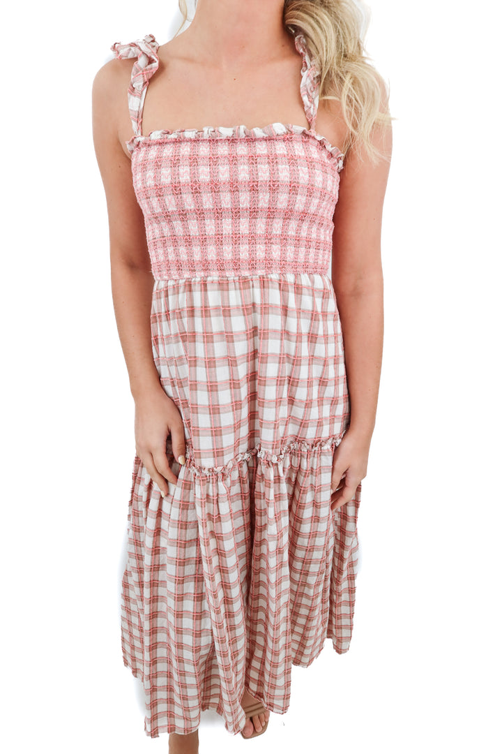 pink lily pink plaid maxi dress (xs)