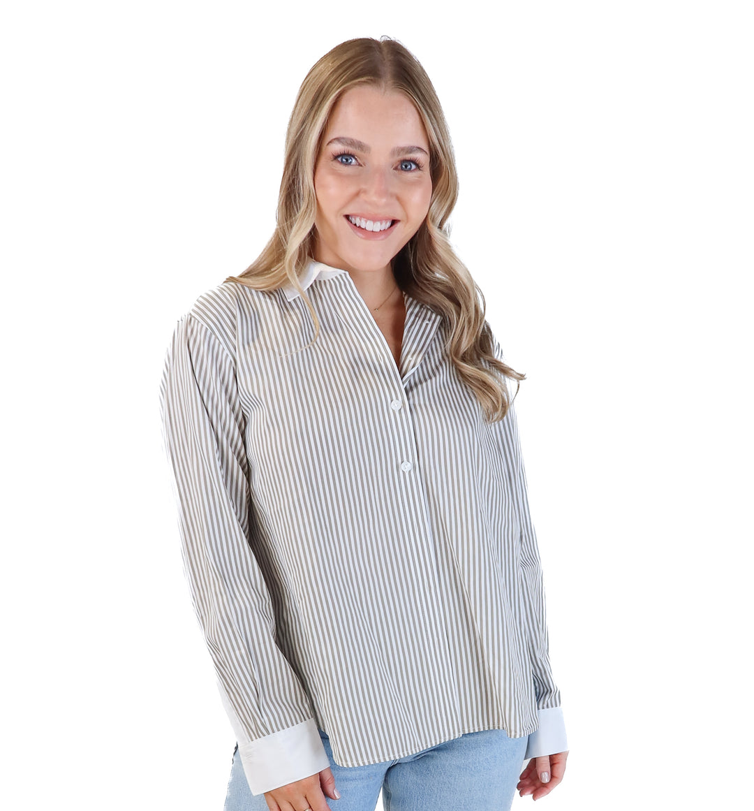 Spanx olive green/white striped button up (xs; retail $128)