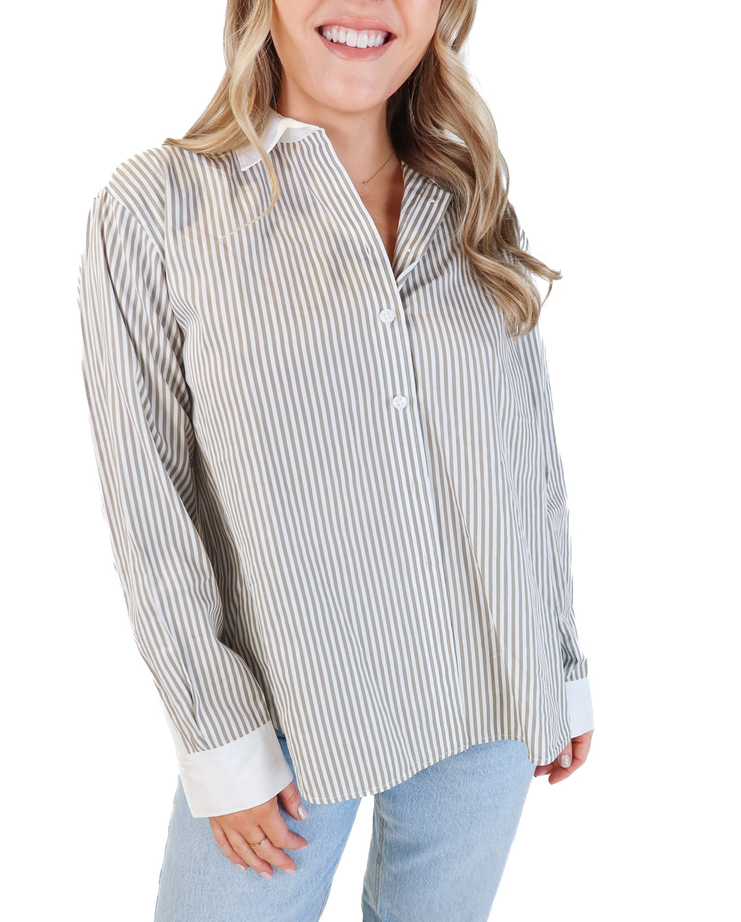 Spanx olive green/white striped button up (xs; retail $128)