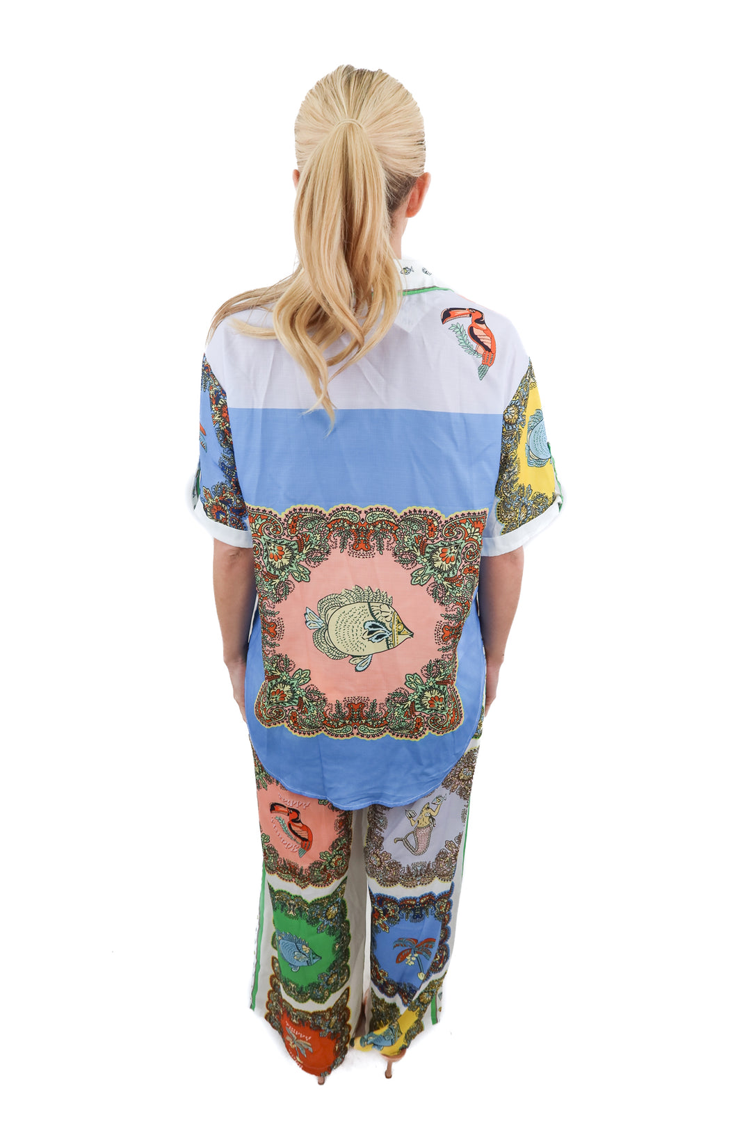 multi print button down/pant set (s)