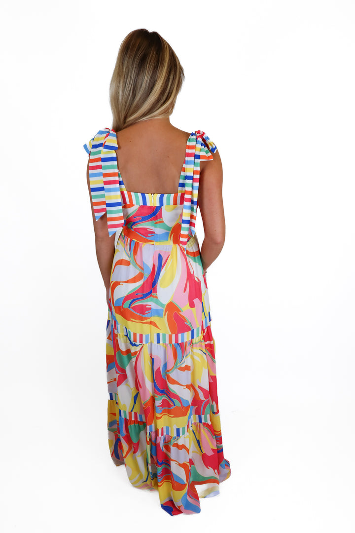 Aura multicolored tie-sleeve maxi dress (S)
