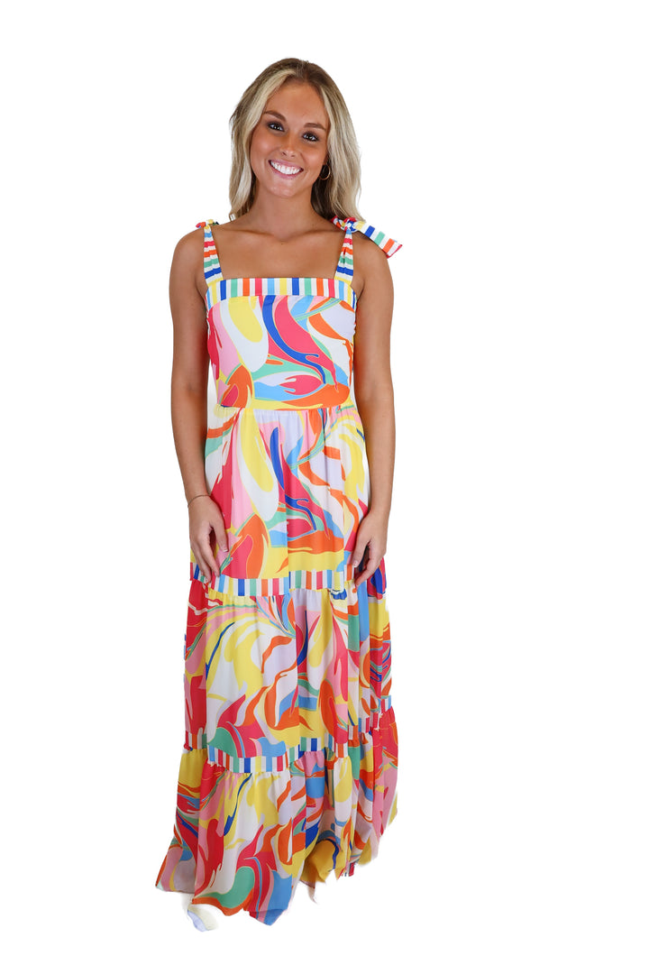 Aura multicolored tie-sleeve maxi dress (S)