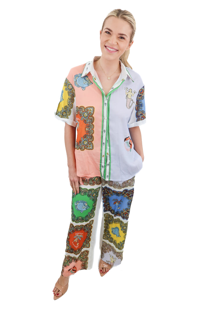 multi print button down/pant set (s)