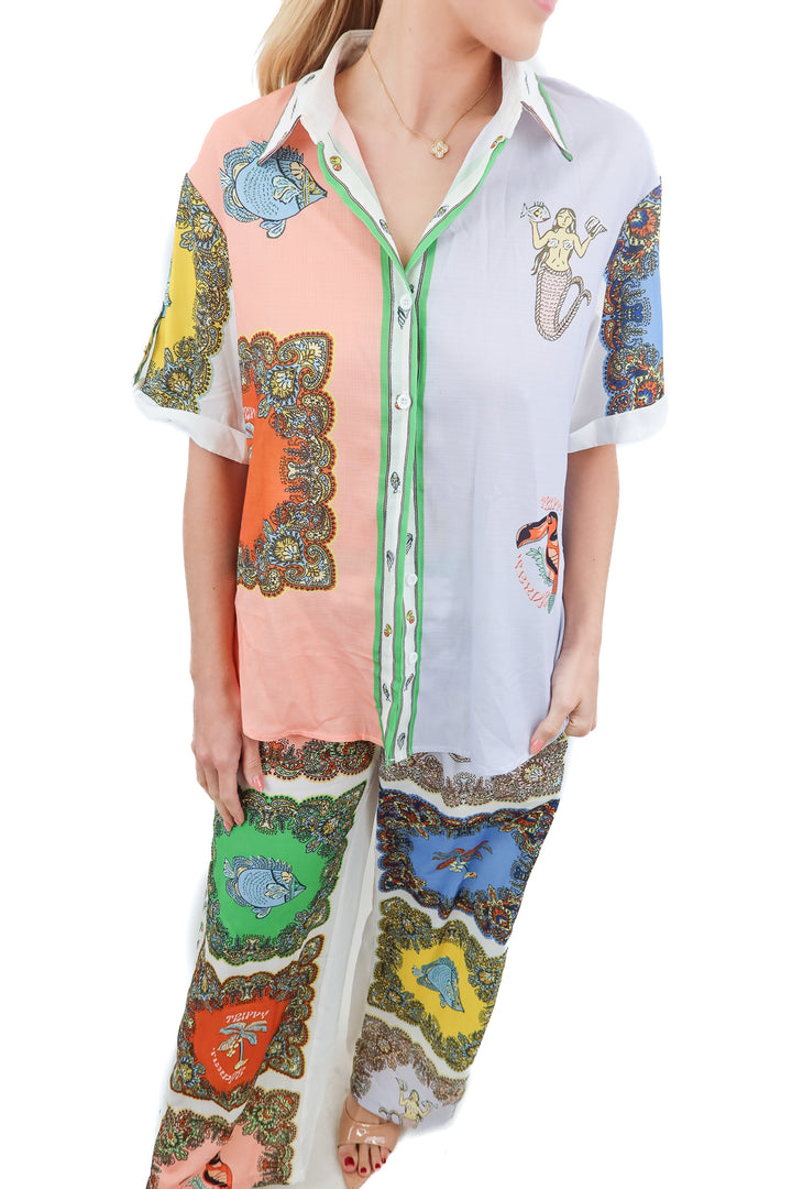 multi print button down/pant set (s)