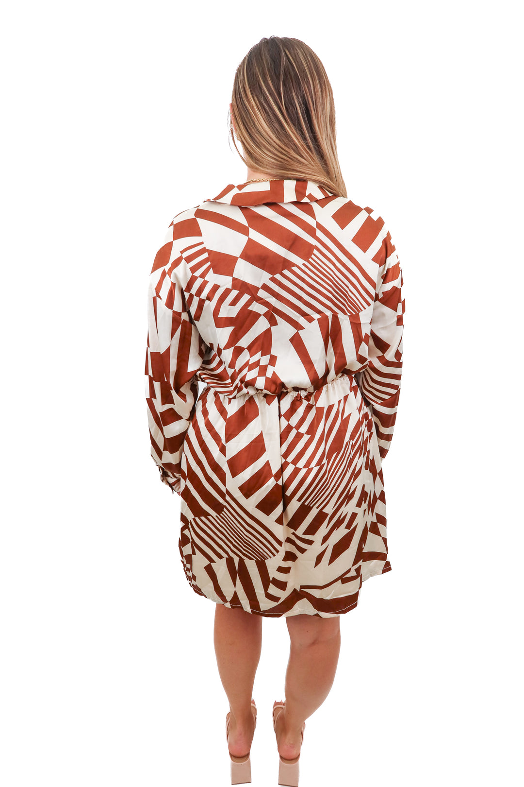 the post brown printed satin dress (L; est retail $108)