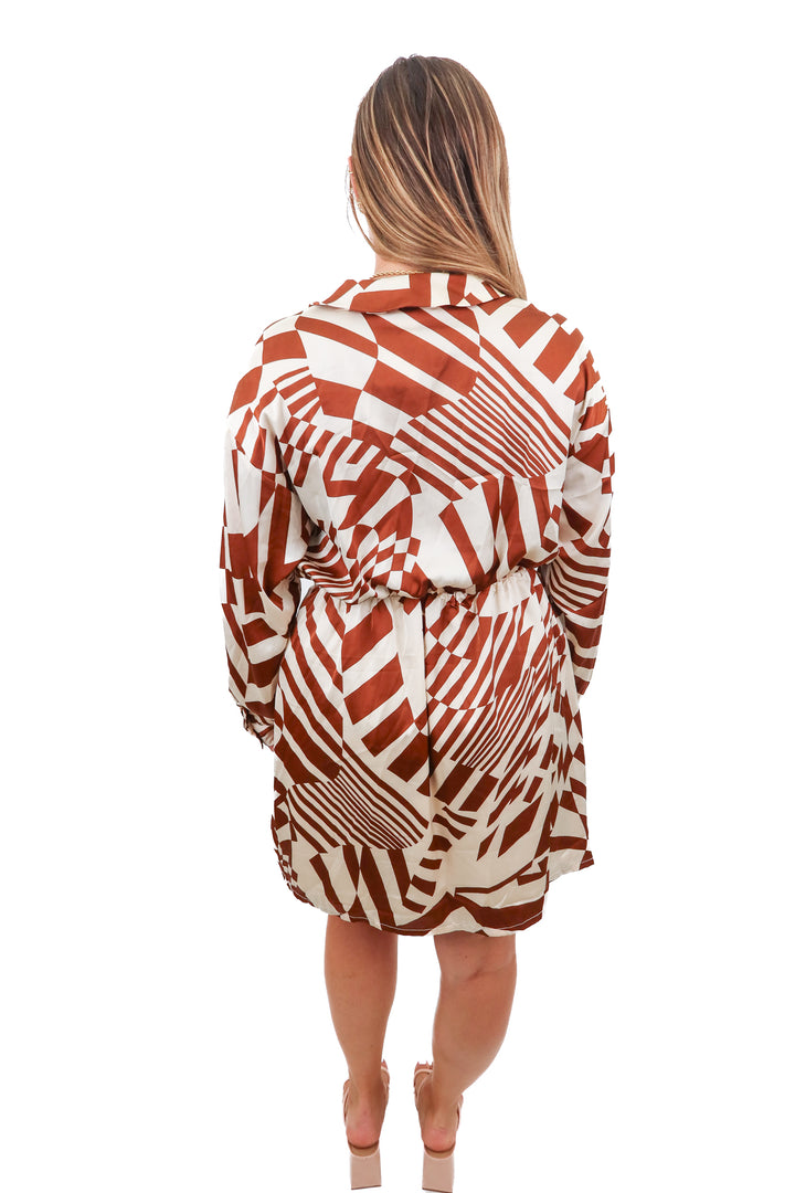 the post brown printed satin dress (L; est retail $108)