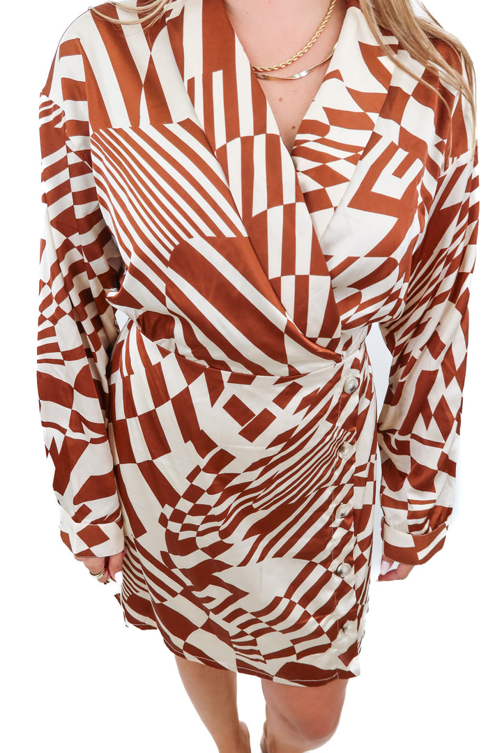 the post brown printed satin dress (L; est retail $108)