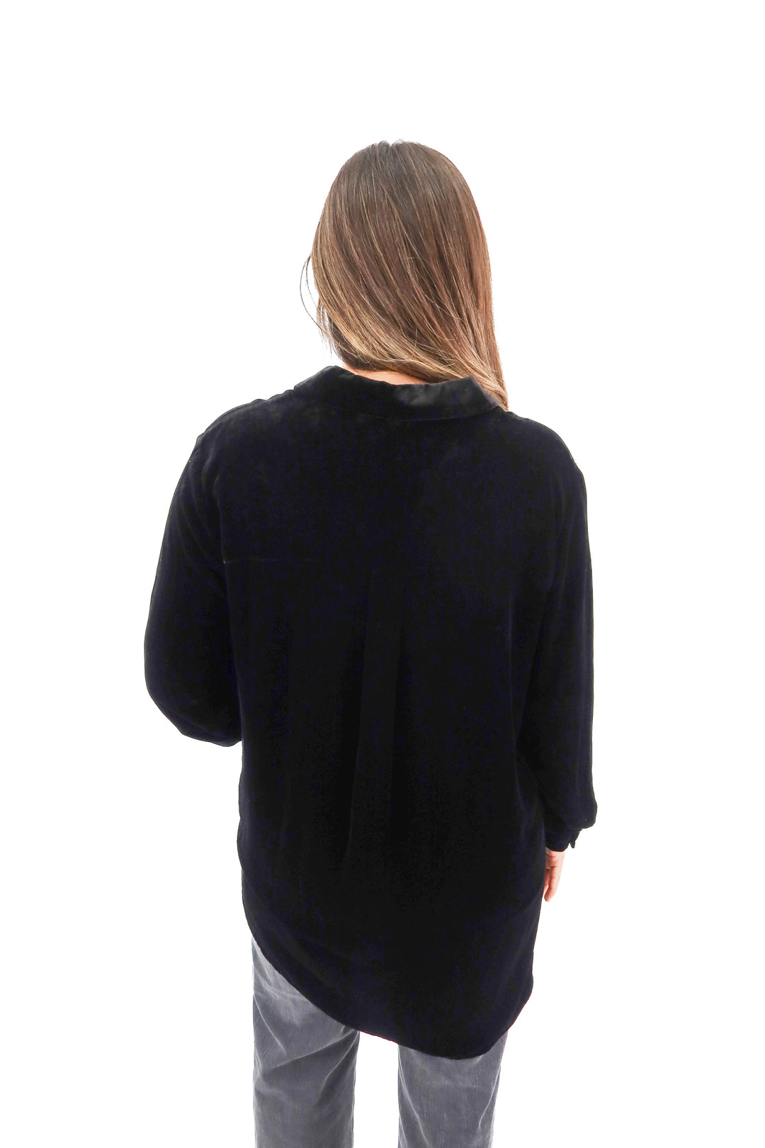 eileen fisher black velvet long sleeve button up (L; retail $288)