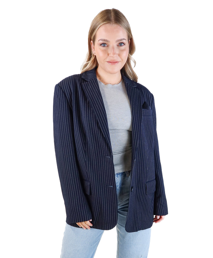 Grey lab navy/white striped blazer (s; retail $130)