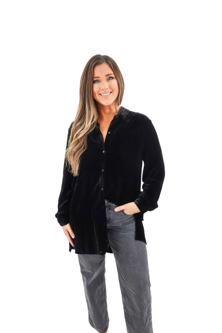 eileen fisher black velvet long sleeve button up (L; retail $288)