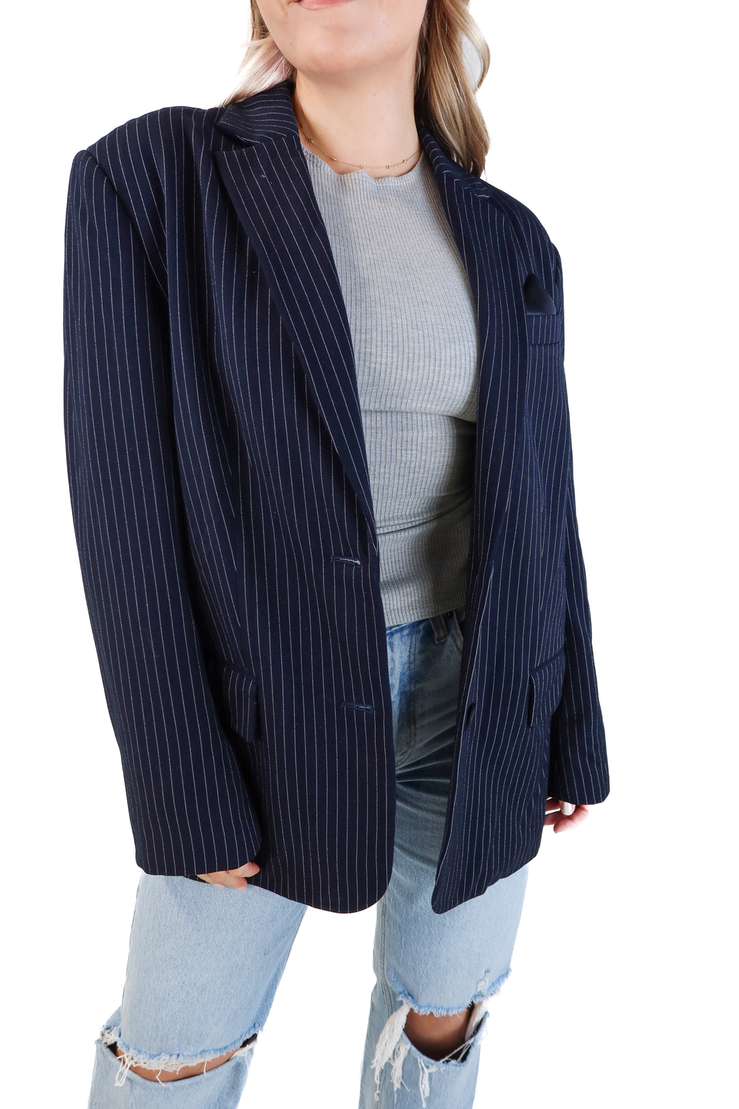 Grey lab navy/white striped blazer (s; retail $130)