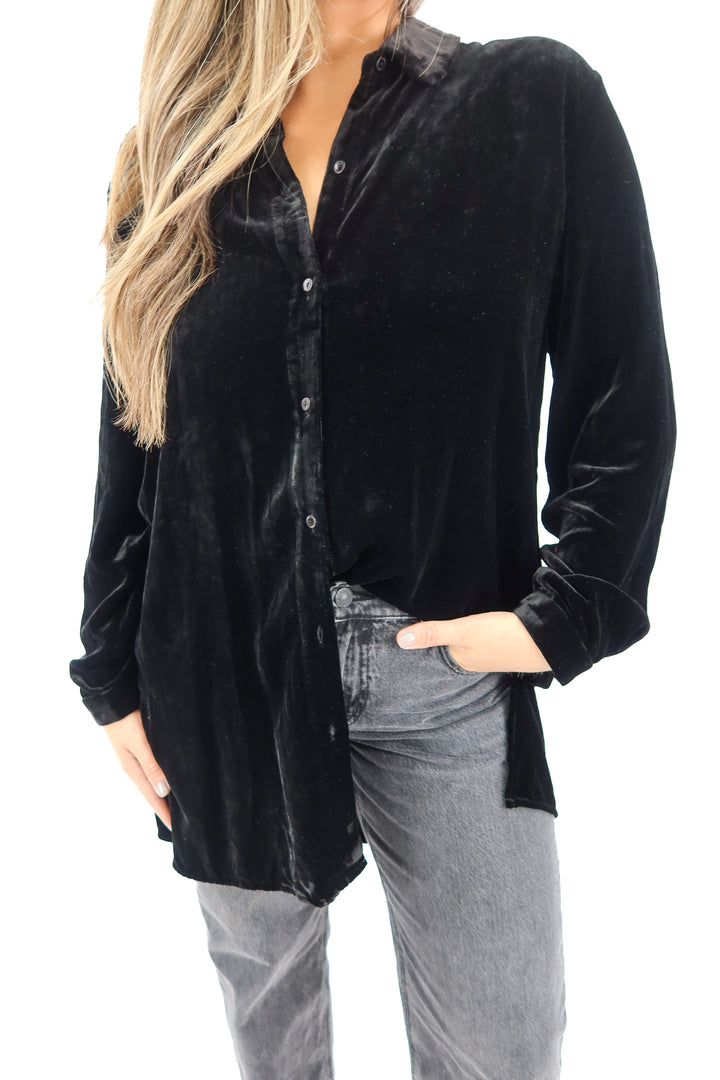 eileen fisher black velvet long sleeve button up (L; retail $288)