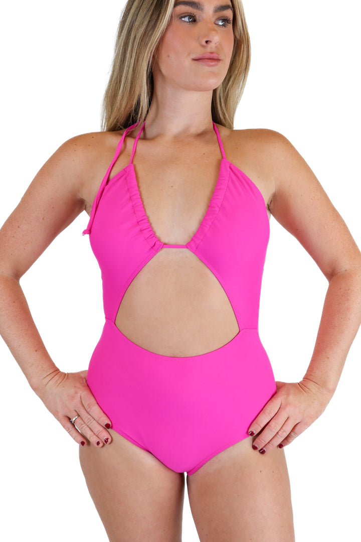 Pink Lily Hot Pink One Piece Cutout Swimsuit (S)