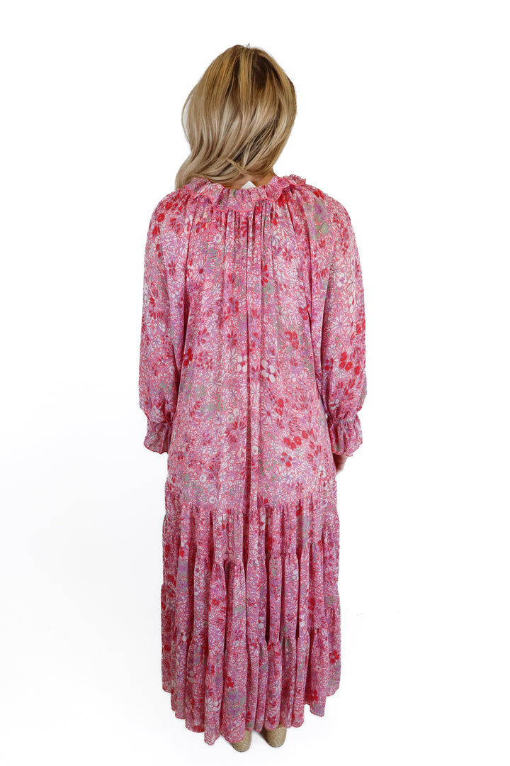Free People Pink and Purple Floral Tiered Maxi Dress (XS)