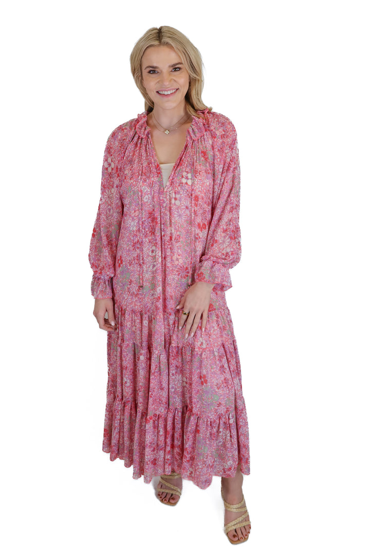 Free People Pink and Purple Floral Tiered Maxi Dress (XS)