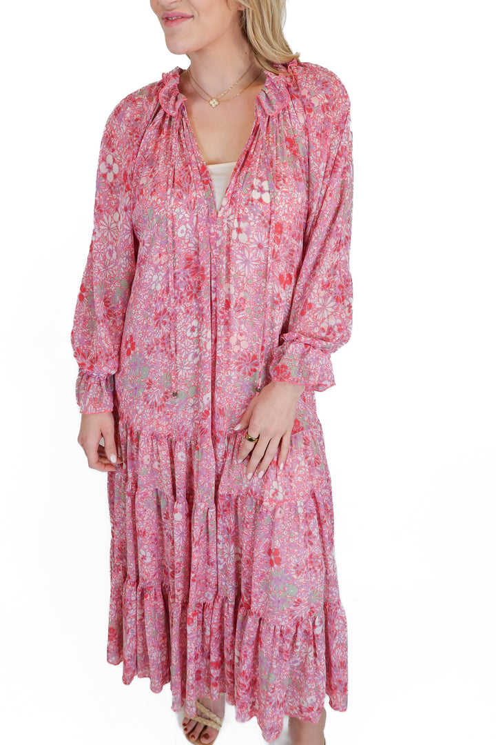 Free People Pink and Purple Floral Tiered Maxi Dress (XS)