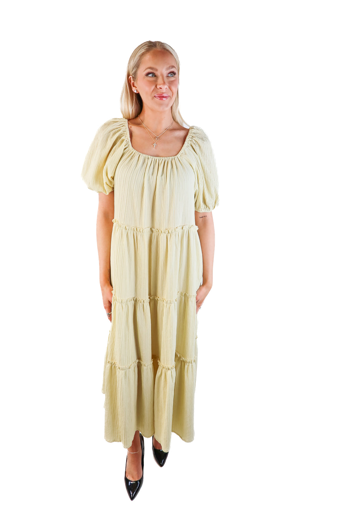 Jacquie the label light green puff sleeve tiered dress (s; retail $118)