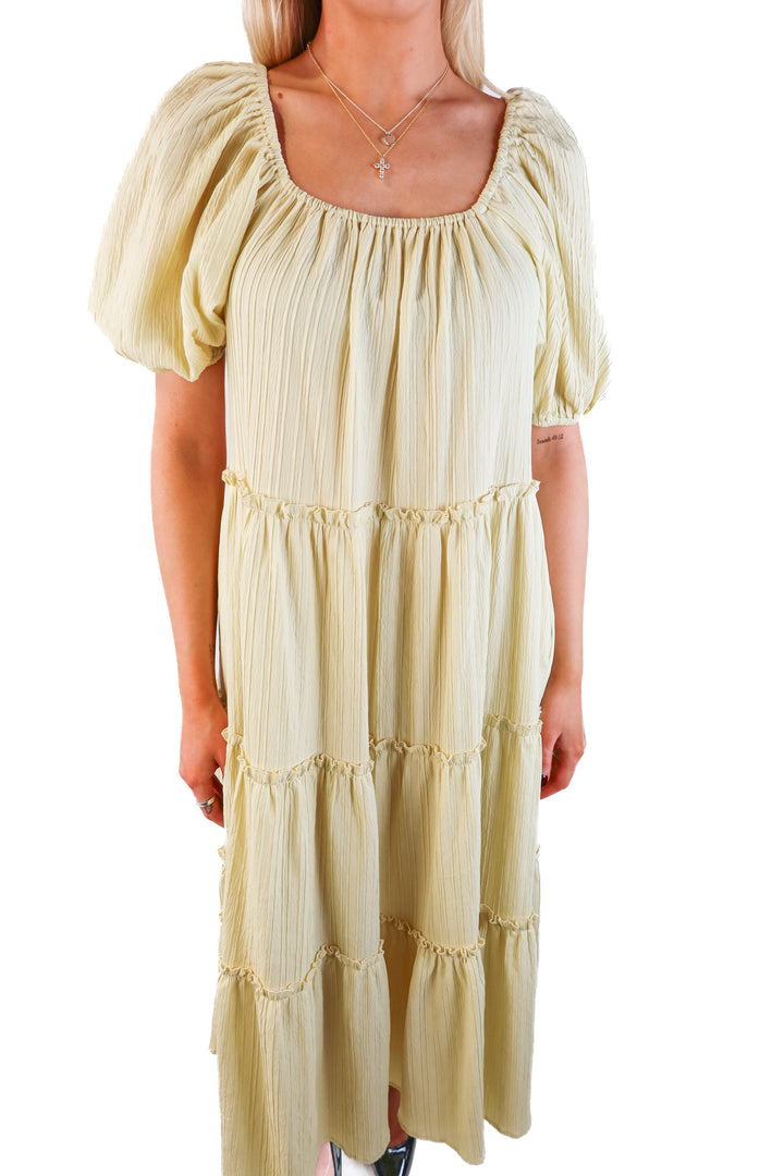 Jacquie the label light green puff sleeve tiered dress (s; retail $118)