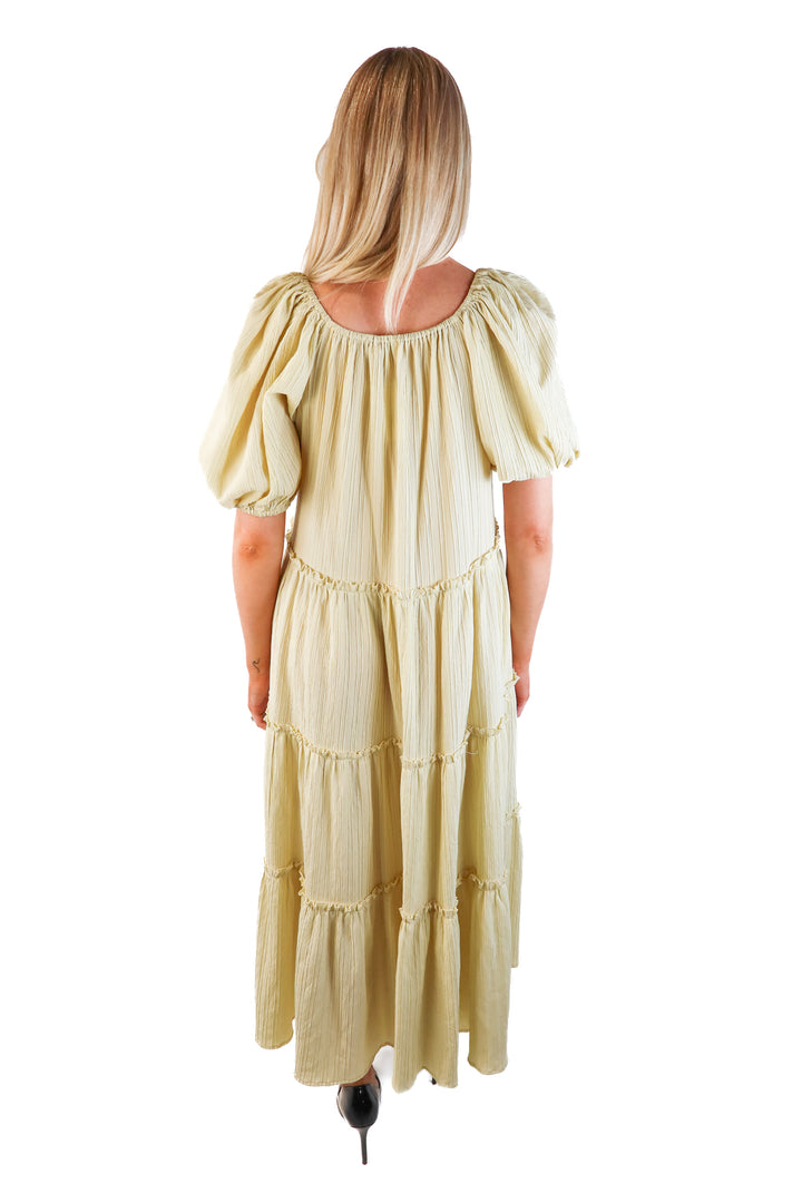 Jacquie the label light green puff sleeve tiered dress (s; retail $118)